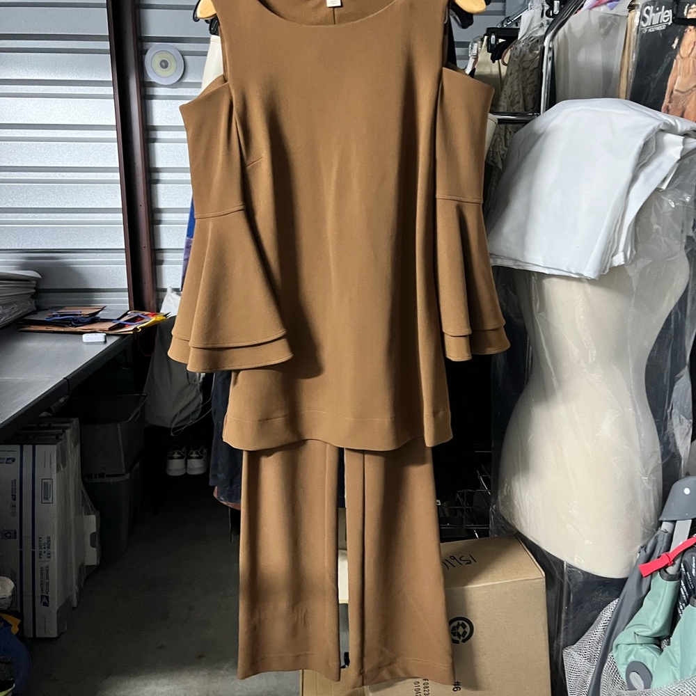 Brown Cold Shoulder Top and Pants Suit Set - Boston Proper